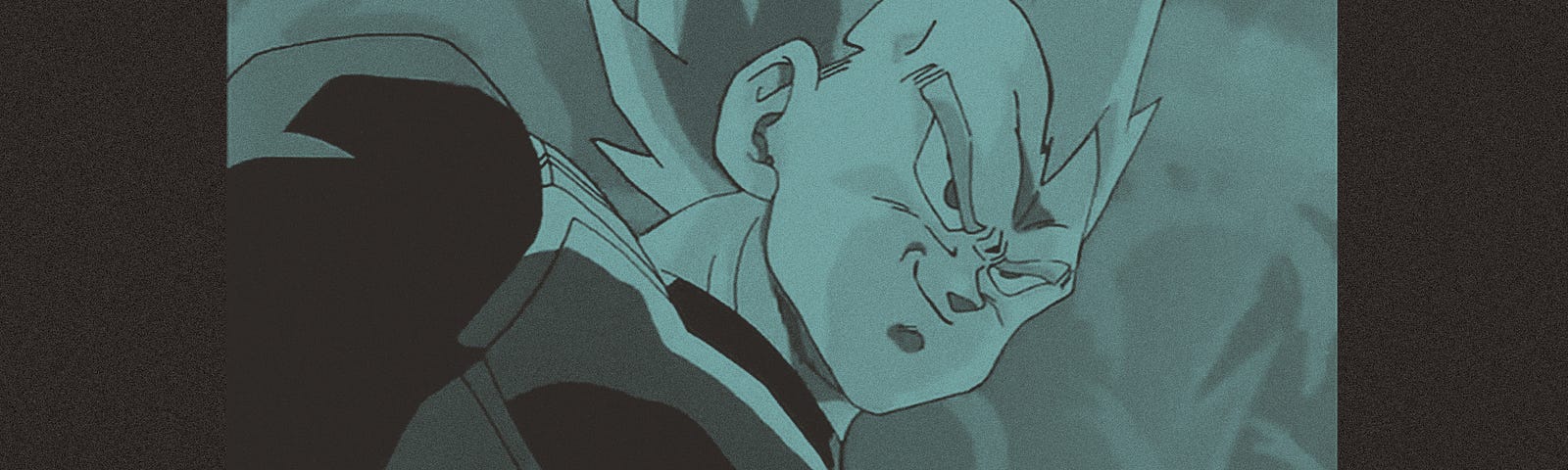 A teal edit of a closeup of Vegeta from Dragon Ball Z. He is in Super Saiyan mode and is smirking.