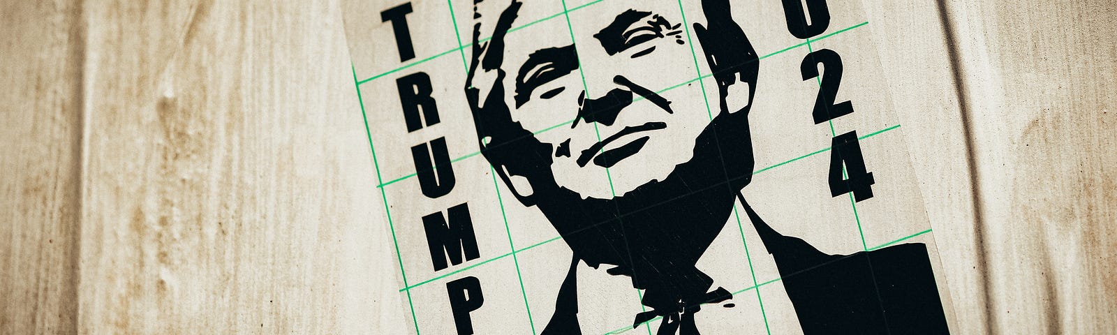 Wood surface with poster in black and white, with the words “TRUMP 2024” printed on it.