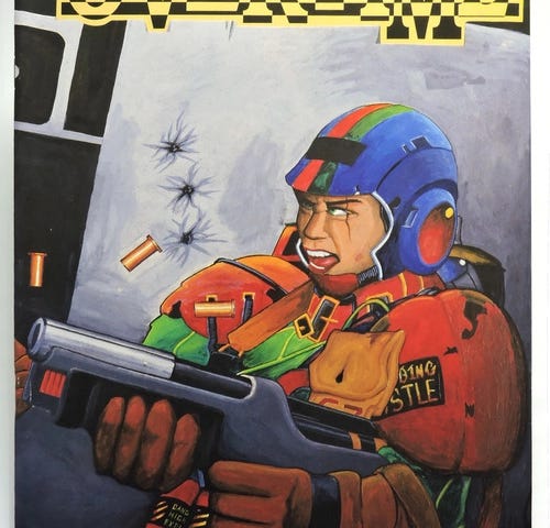 The front cover of Overtime features a person wearing mostly-red armor and a blue helmet firing a shotgun. There are three bullet holes on the wall behind them, over their sholder.