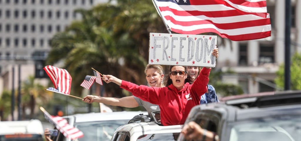 White protestors at the “Freedom Rally” — directly against stay-at-home directives — on April 18, 2020 in San Diego.