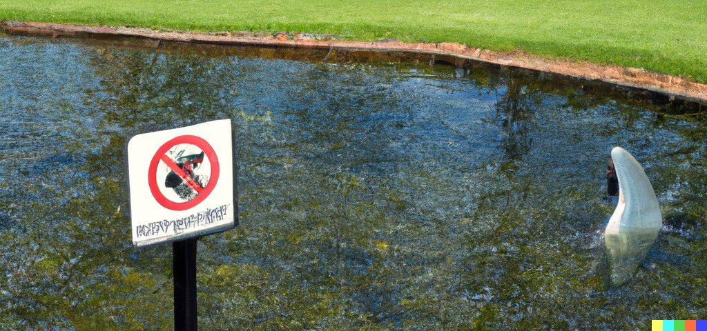 A water hazard in a golf course with live sharks
