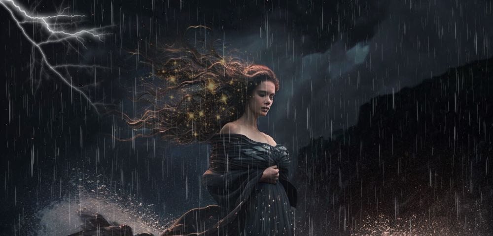 A woman in a black dress standing on a rocky beach during a lightning storm.