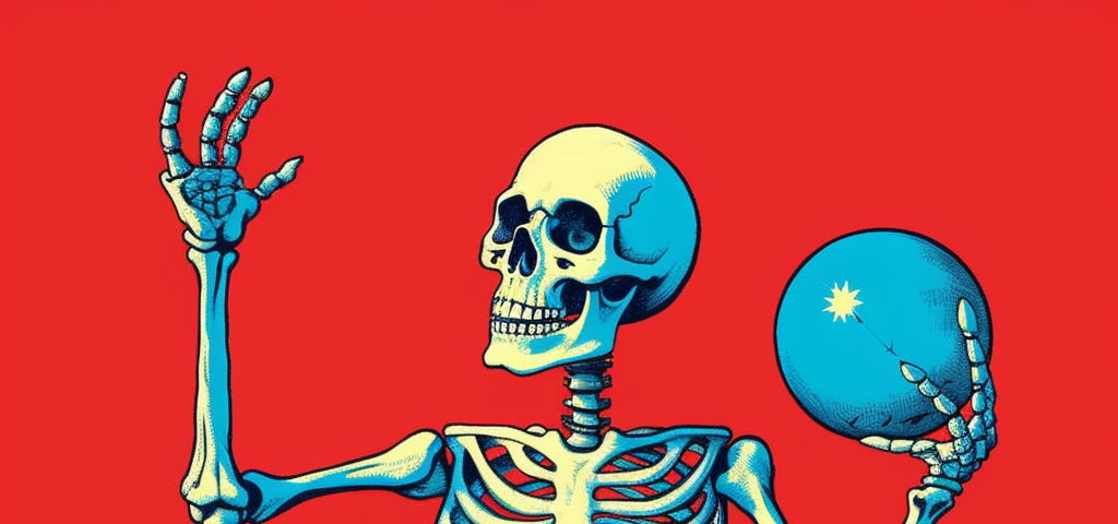 A skeleton holding a blue ball.
