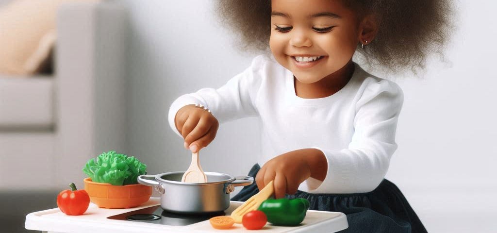 A little girl is smiling while cooking on her plastic toy stove.