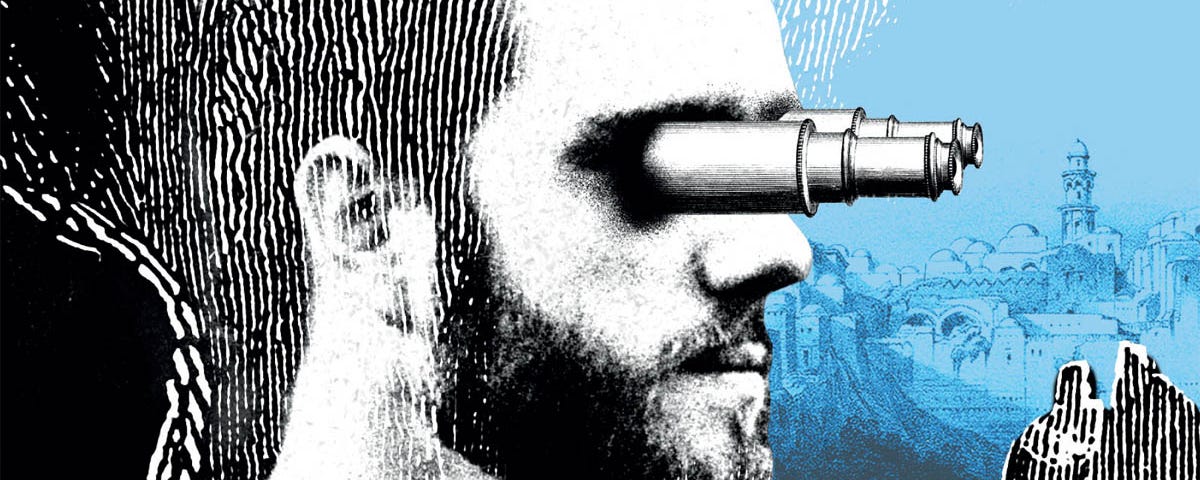 A man looks out to eternity through microscopes attached to his eyes