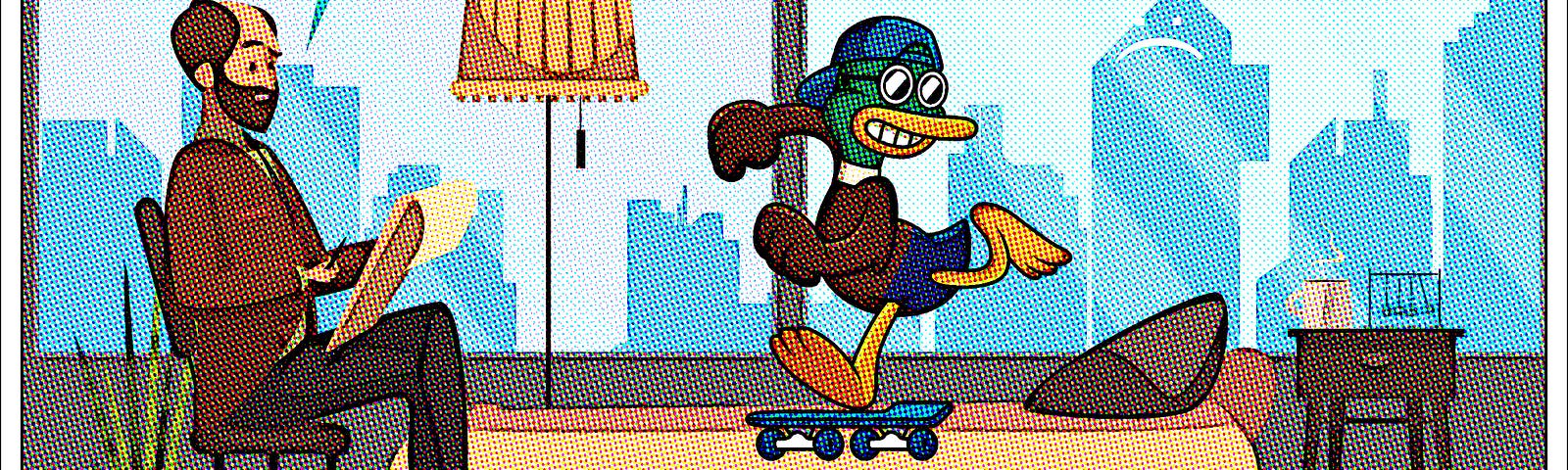 Duck skateboards on psychiatrist’s couch