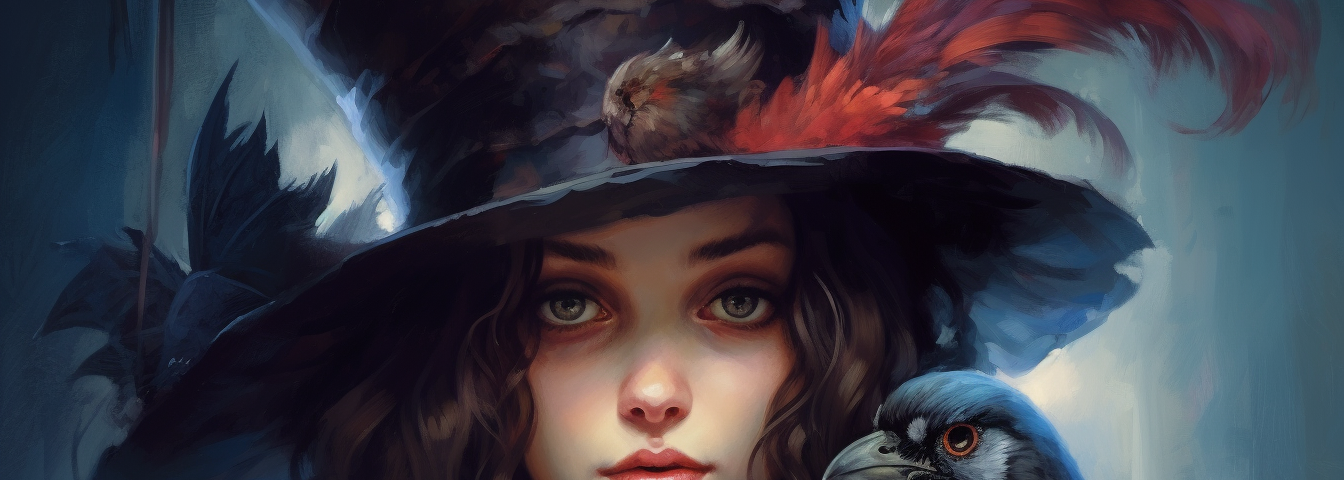 A witch in a hat with a raven