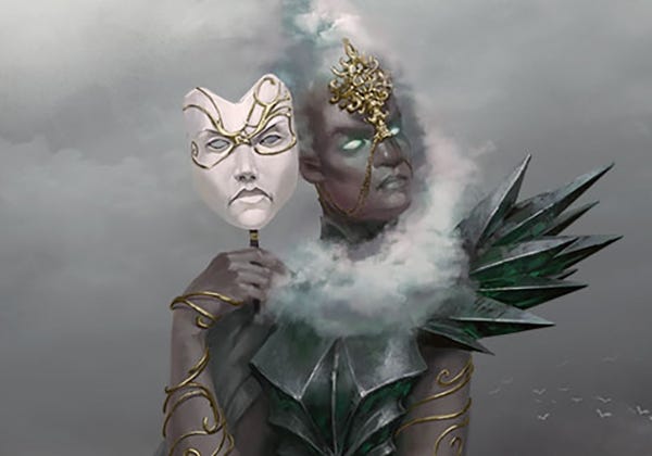 A headshot of a female storm giant. The woman is black with white cloud-like hair that wrap around her head and below her chin. She has blue luminescent eyes. She wears a black dress with a crystal-like shoulder piece. She has gold wire bracelets on both arms, from wrist to shoulder. She holds a white masquerade mask beside her face. Both faces are frowning.