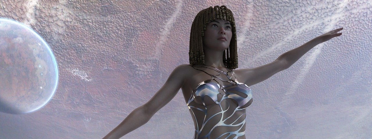 Alien dark skinned woman with braids wearing a fluid silver outfit covering less than half her body, with an alien planet or moon in the background.