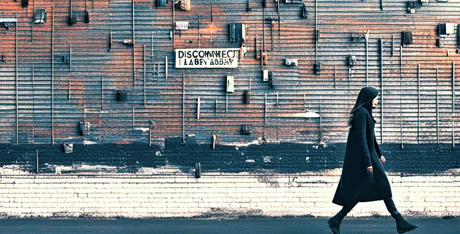 A woman dressed in black walking away past a vast wall with the word ‘disconnect’ written in the middle of it.