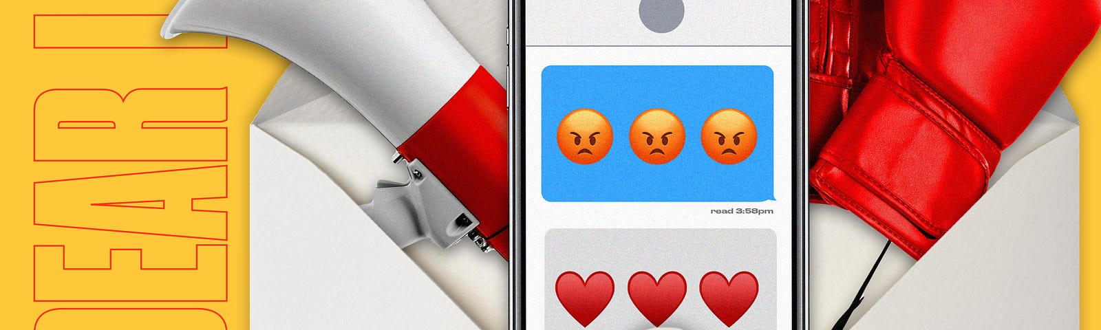 Photo Illustration of phone with angry emoji and heart texts. Boxing gloves in the background.