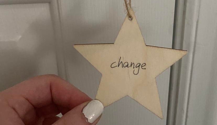 A wooden star ornament with the word “change” is hanging on a gold doorknob. The author’s hand is holding it as it hangs.