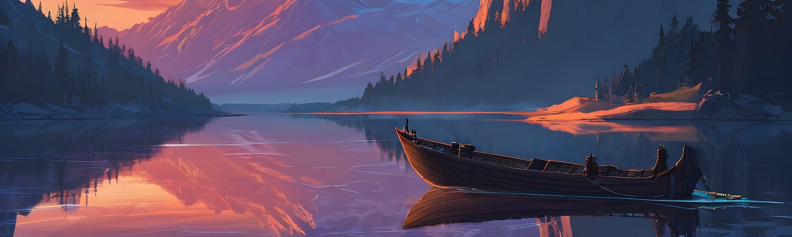 a fishing boat on a lake, fantasy art, dramatic mountains behind, evening