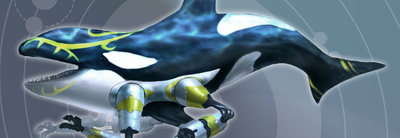 A tattooed killer whale with four robotic arms install on its underside.