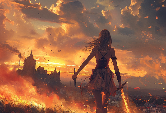 A woman in a skirt and boots, armed with a knife and a flaming sword, walking away into a red sky and a fiery terrain