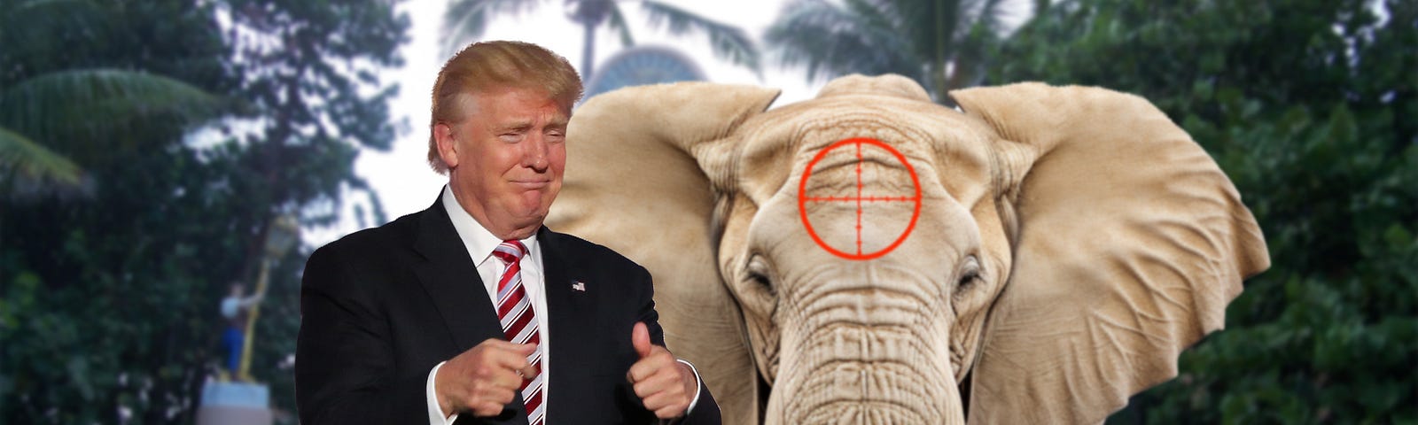 Trump and elephant with crosshairs painted on forehead