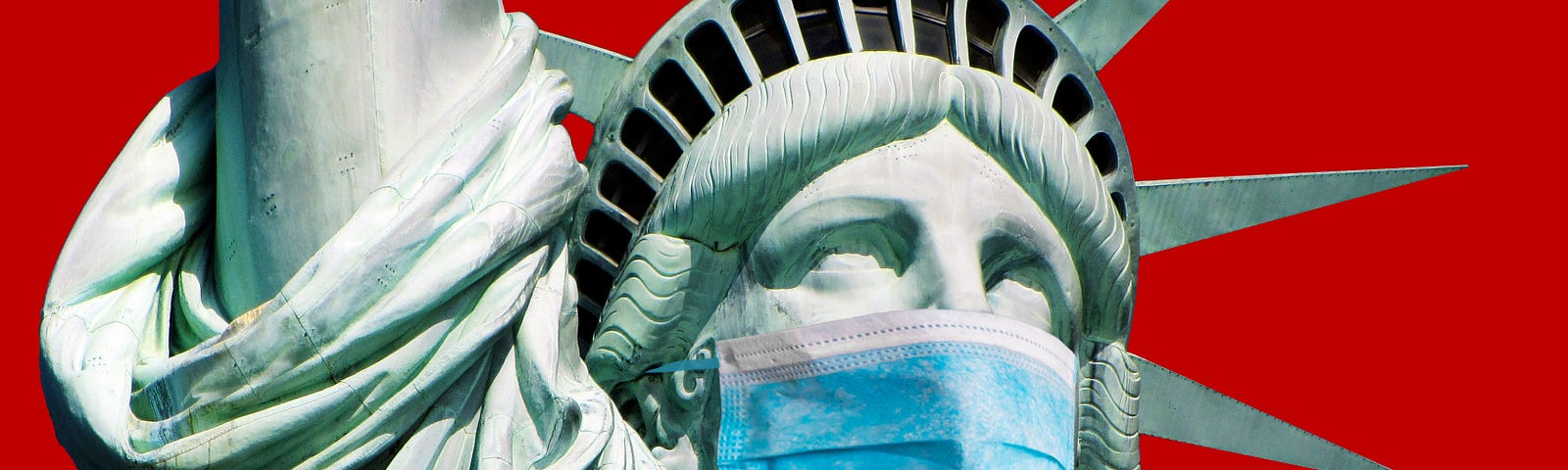 A close up of the Statue of Liberty wearing a surgical mask.