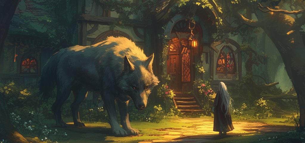 An old woman and a white dire wolf stand in front of a cozy cottage in the woods.