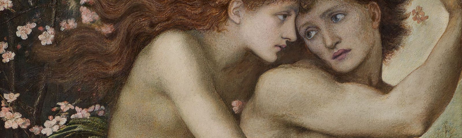 Phyllis and Demophoon 1870 —  painting by Edward Burne-Jones, Birmingham Museum and Art Gallery (Museum: Birmingham Museum and Art Gallery). Phyllis emerges from an almond tree to reclaim a nude Demophoon.