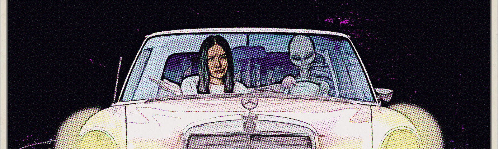 Woman in car with alien