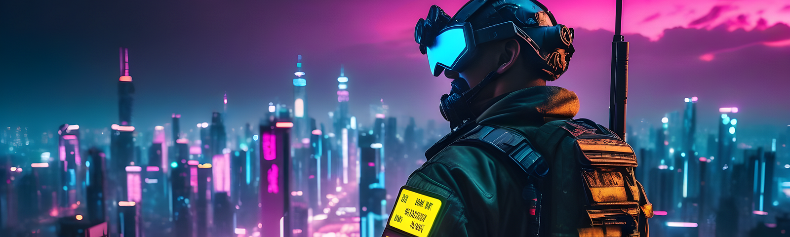 A military figure in front of a cyberpunk cityscape