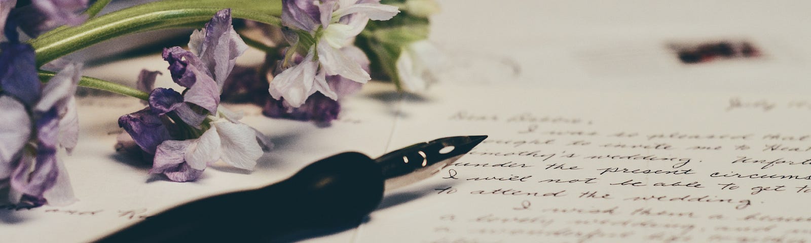 A fountain pen rests on a handwritten letter with some light purple flowers.