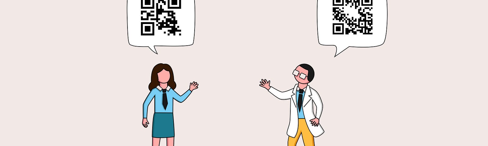 An illustration of two coworkers waving with speech bubbles over their heads. Each speech bubble has a different code.