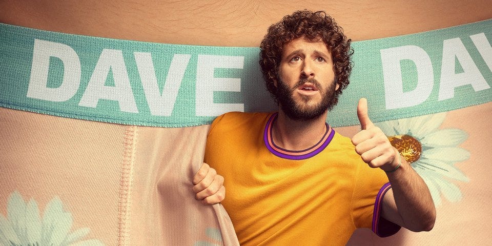 Cover image for the show Dave. Close up of someone’s junk in boxer-briefs. Lil Dicky popping out of the junk with a thumbs up