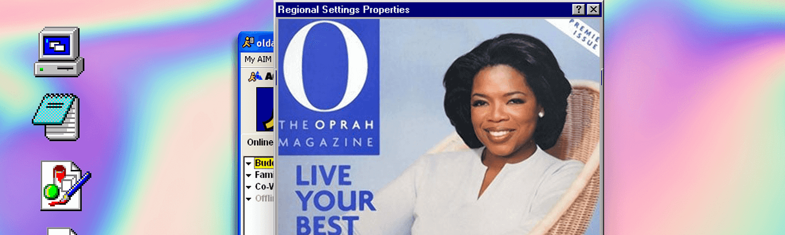 Cover of O Magazine with Oprah Winfrey on a Windows 95 desktop with a rainbow gradient background.