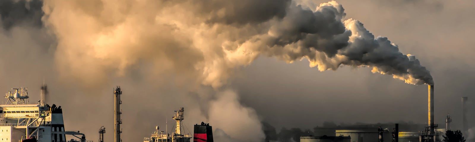 Photo of a factory smoke stack spewing out a great cloud of gray smoke over an industrial setting.