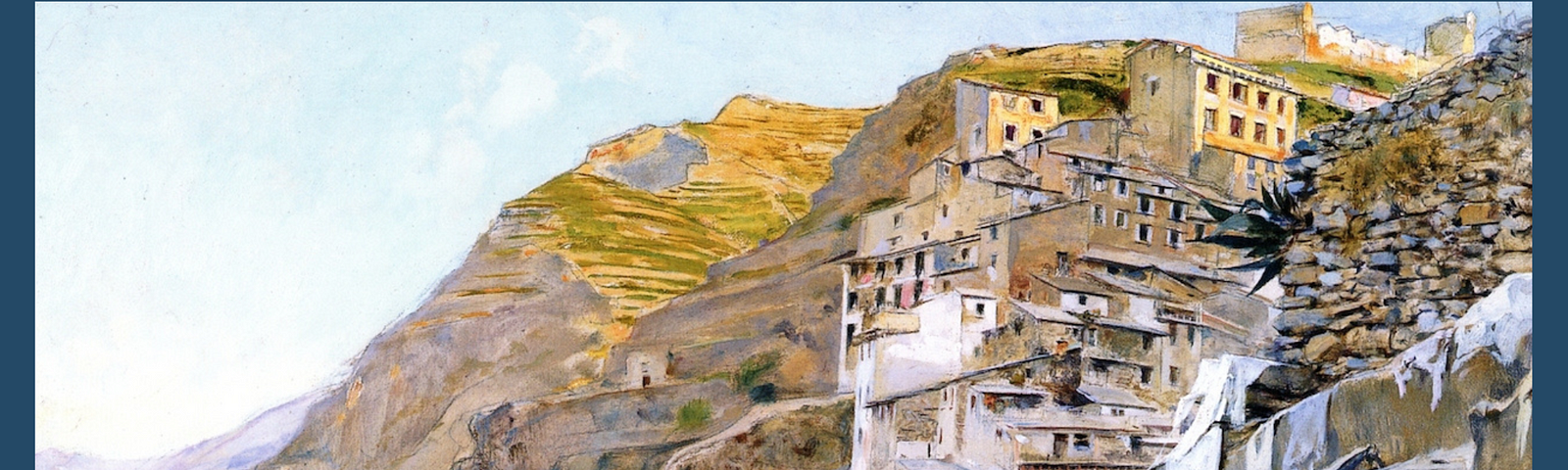 An impressionist view of the Italian coastal village of Riomaggiore, painted in shades of ochre by Telemaco Signorini. 1892.