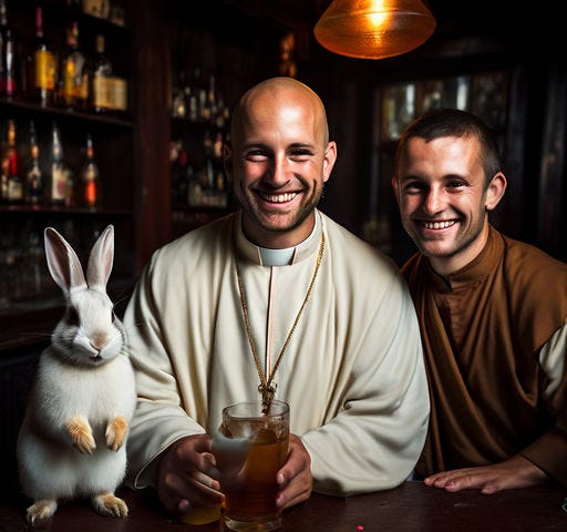 a priest a monk and a rabbit in a bar