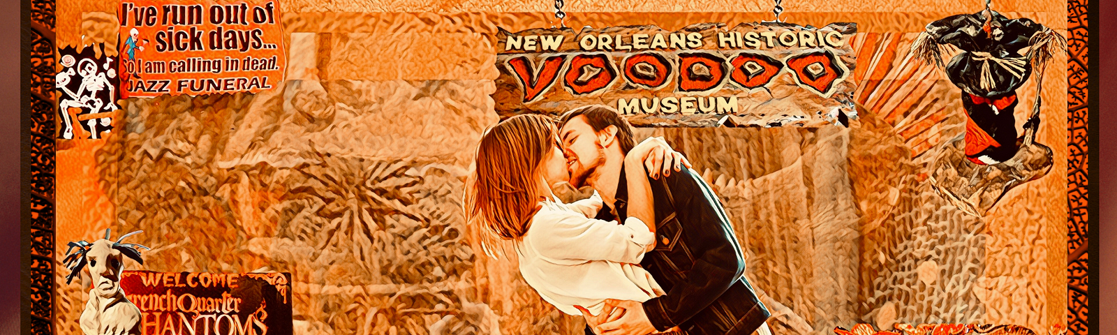 A young couple embracing in front of a sign for the New Orleans Voodo Museum