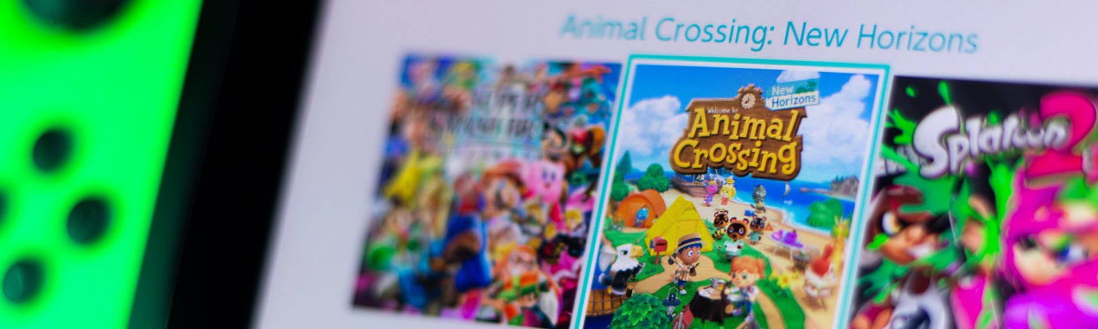 A photo of a Nintendo Switch menu. “Animal Crossing: New Horizons” is highlighted.