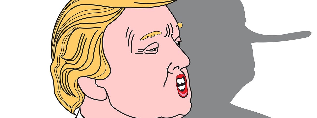 Cartoon of Trump’s head and shoulders. His mouth is open as if he’s speaking. But his shadow image shows his has grown nose very long, like the puppet, Pinocchio's.