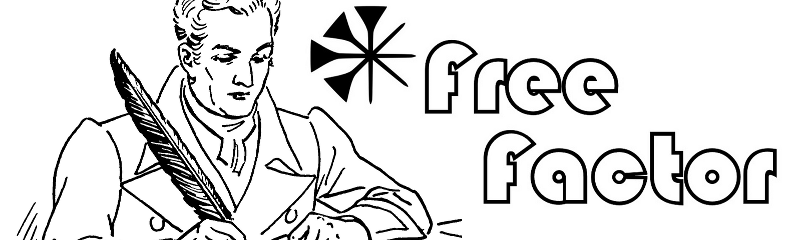 Man writing with quill next to Free Factor logo