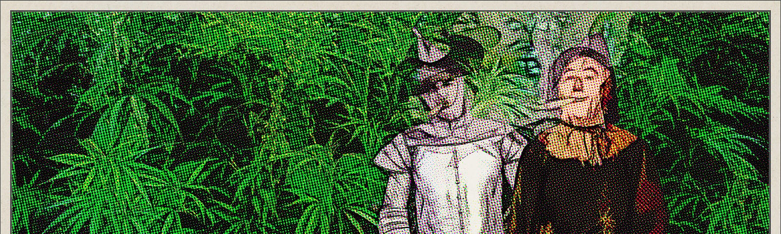 Scarecrow and Tin Man getting high in marijuana field
