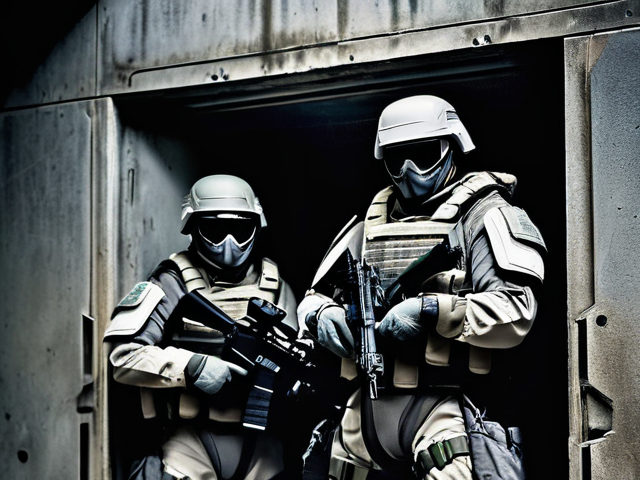 Two space soldiers just inside a door with weapons ready.