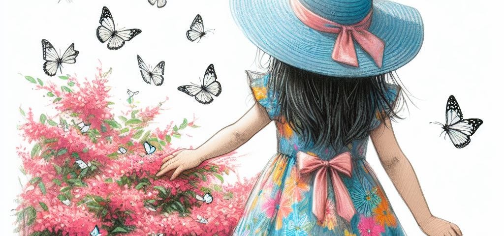AI illustration depicting the backview of a young girl wearing a blue hat and floral dress standing in front of a pink flowering shrub with many white butterflies on and around the shrub.