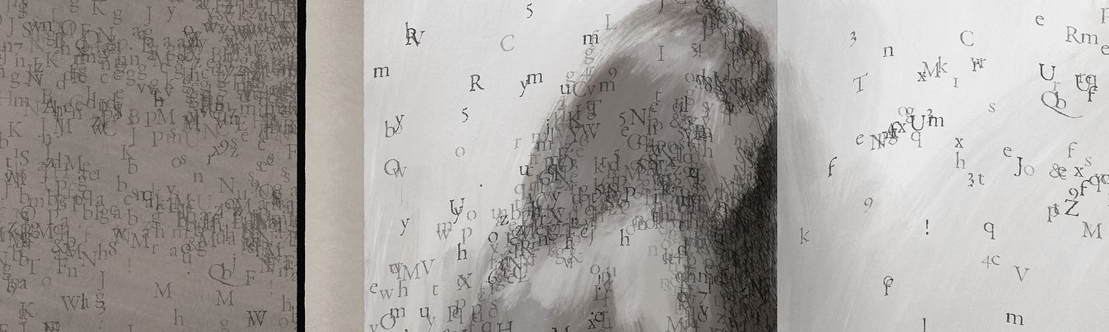 An illustration of an open book featuring a woman, with hundreds of individual letters scattered across on and off the page