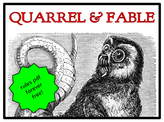 Red font at top reads QUARREL & FABLE. Beneath, a black and white woodcut of a furry + scaly creature with an owl’s head — its eyes glow and its beak is fanged. Atop that, a green sticker with “rules pdf forever free”