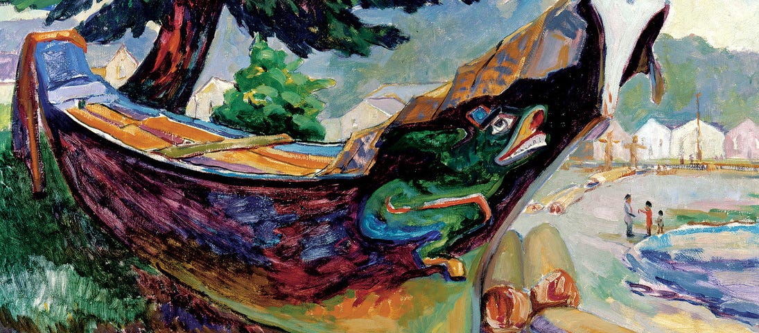 Painting of a war canoe by Emily Carr