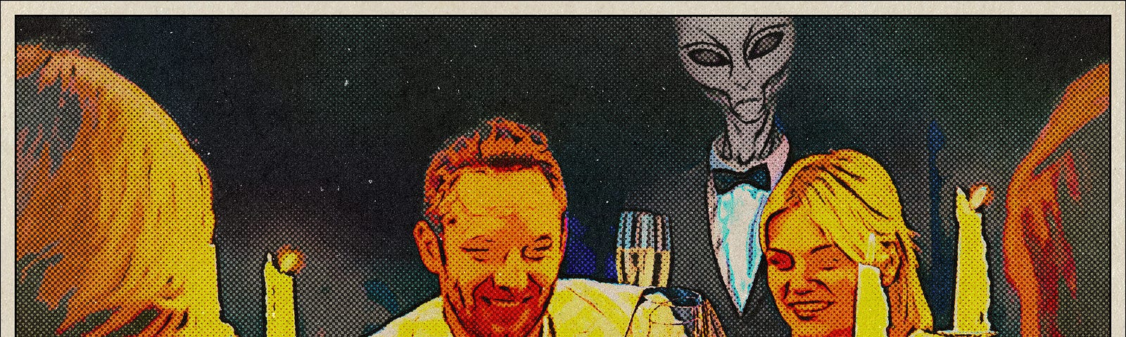 Alien waiter serves celebrating couples