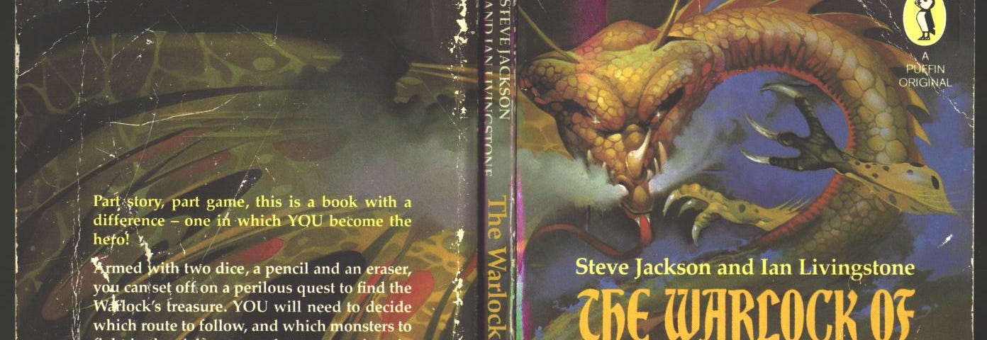 full cover of The Warlock of Firetop Mountain ─ wizard pointing at smoky orb, from which a dragon emerges, overlaid with yellow and white text describing the book’s contents