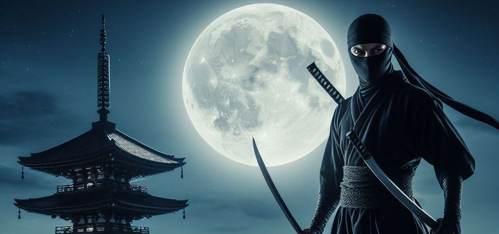 A sword-wielding ninja stands on a roof with the full moon at his back.