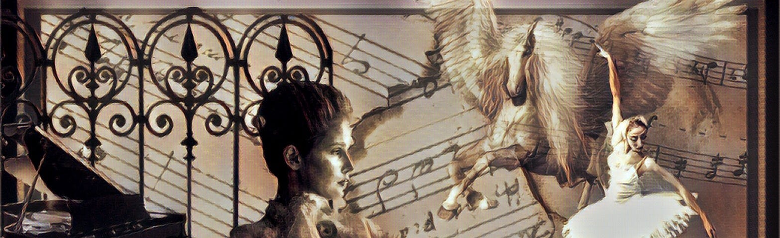 A beautiful woman in front of a piano gazes at a dancing ballerina overshadowed by a winged horse