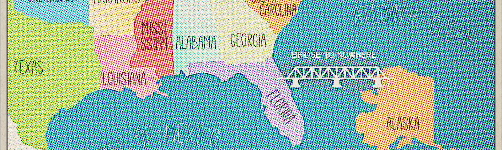 US map with Alaska off Florida coast