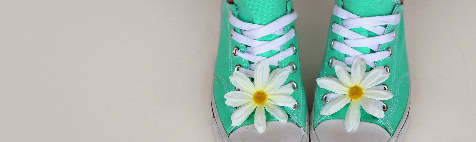 pale blue green runners with white laces and a daisy on each toe.