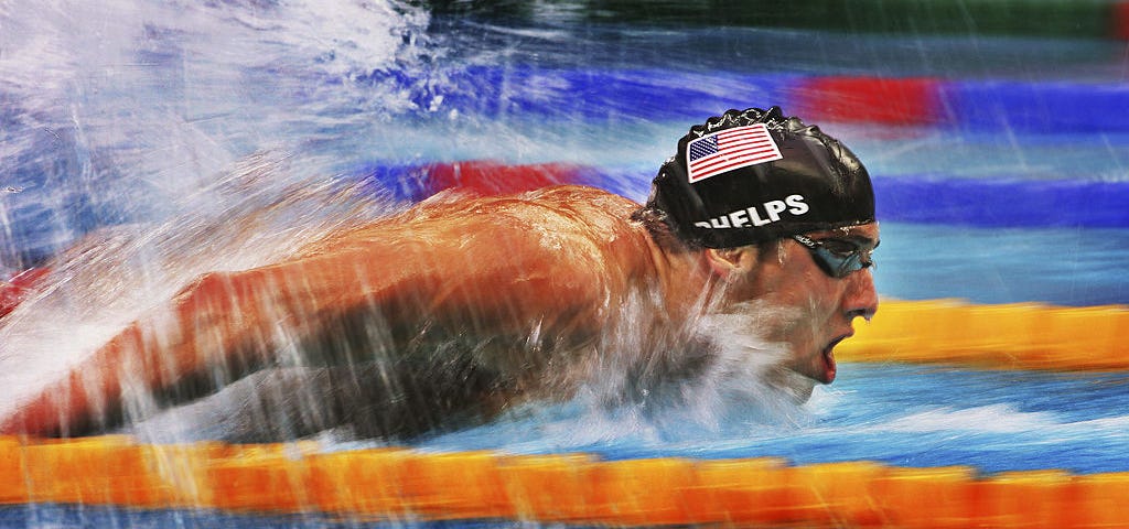 A photo of Michael Phelps swimming the 2008 Beijing Olympics 200m butterfly semi-finals.