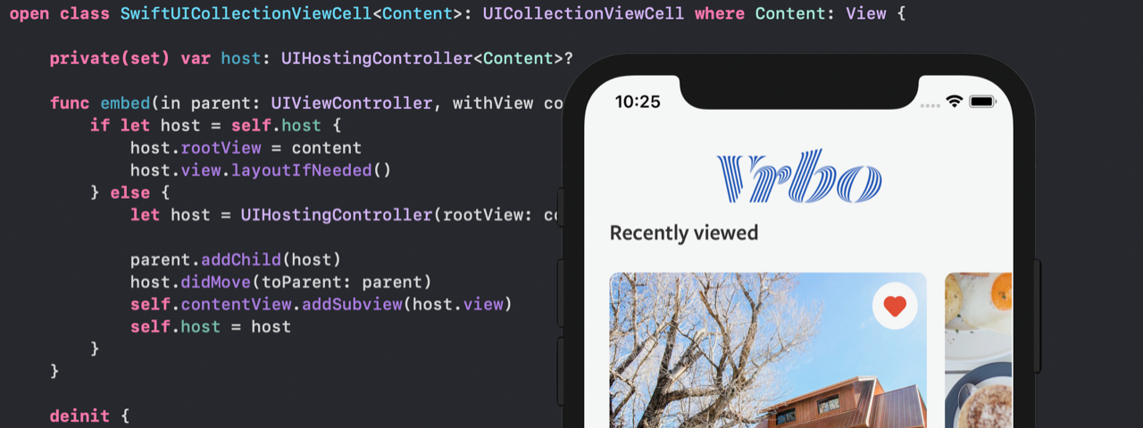 Image of a collection view on the Vrbo iOS app main screen overlay on a code snippet for a SwiftUICollectionViewCell class.